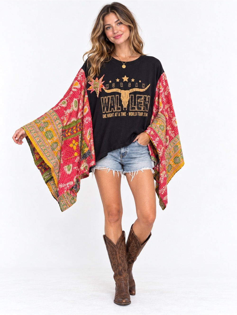 Morgan Wallen Upcycled Kantha Sleeve Poncho Top Oversized Boho Country OOAK